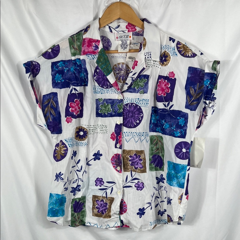 Vintage 80’s Act 111 Women’s Floral Button‎ Up Blouse Size 18 Original Tags